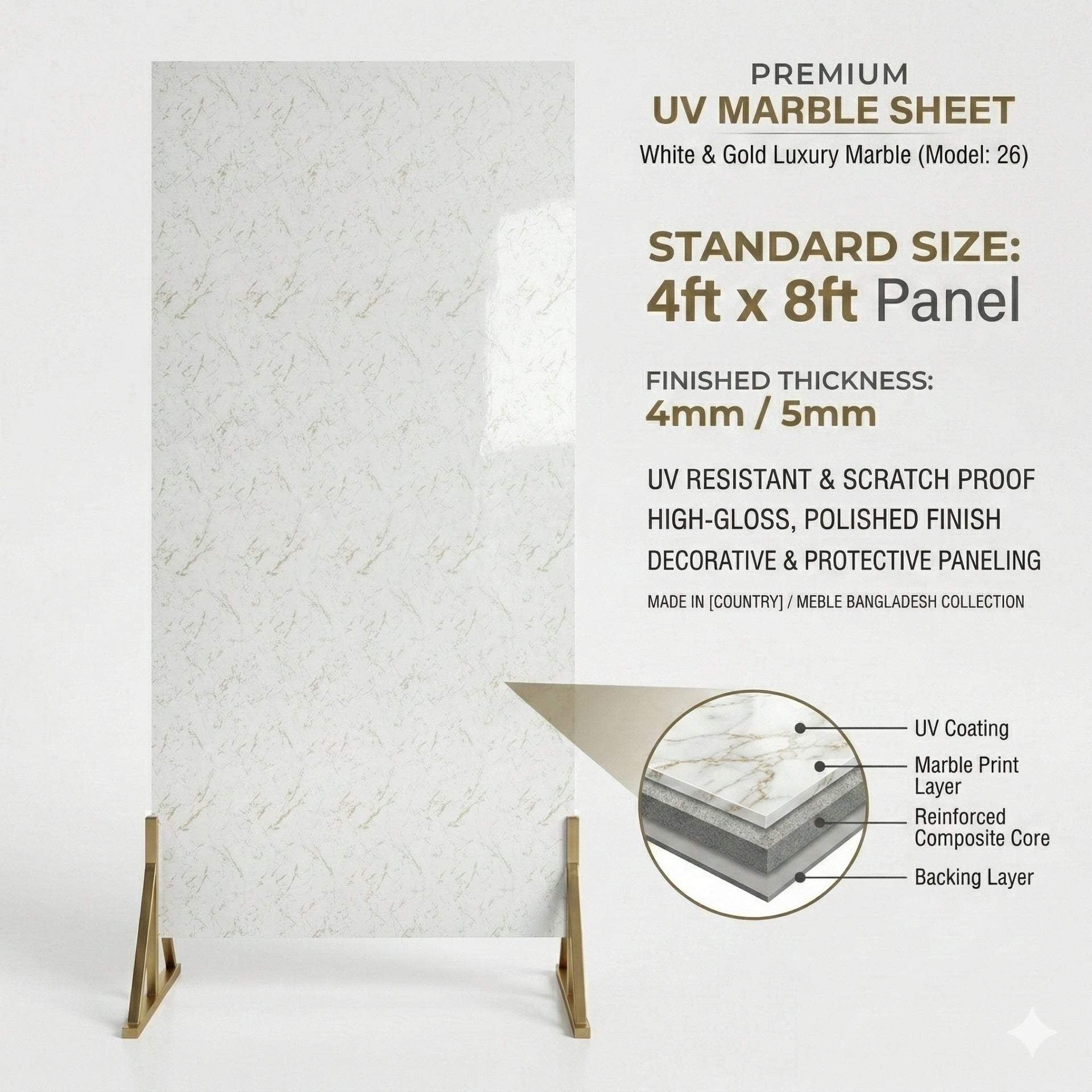 UV Marble Sheet – High-Gloss Decorative Wall Panel (4 ft x 8 ft)